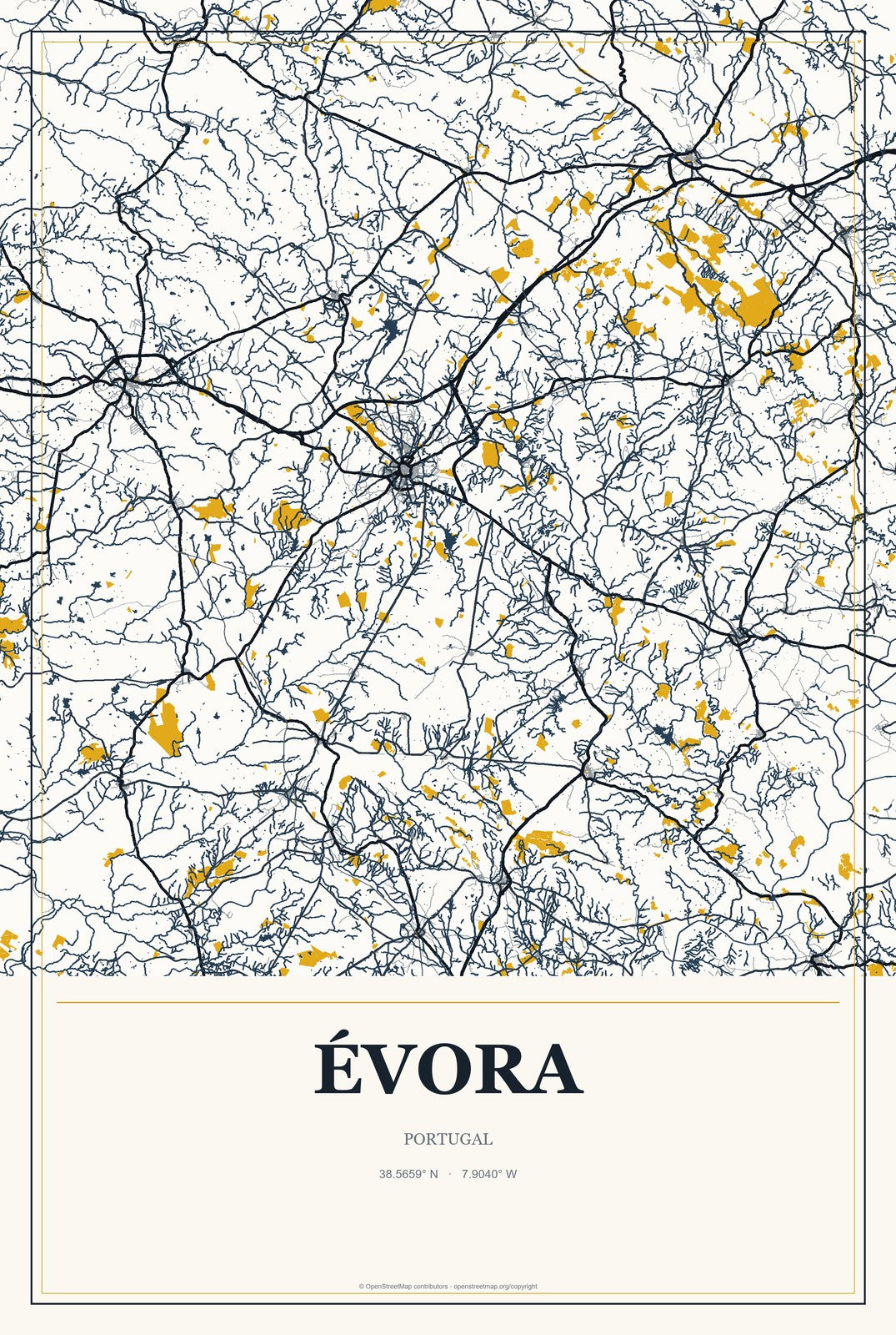 Évora, Portugal City Map Aluminum Sign in Citrine Modern style