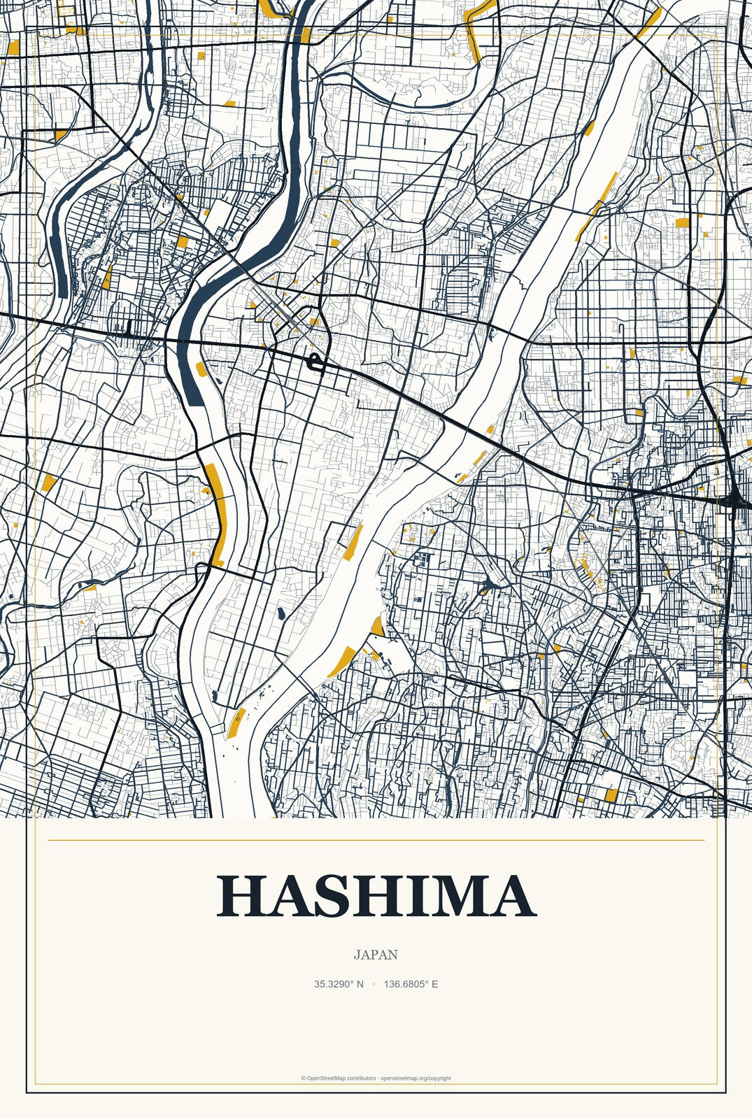 Hashima, Japan City Map Aluminum Sign in Citrine Modern style