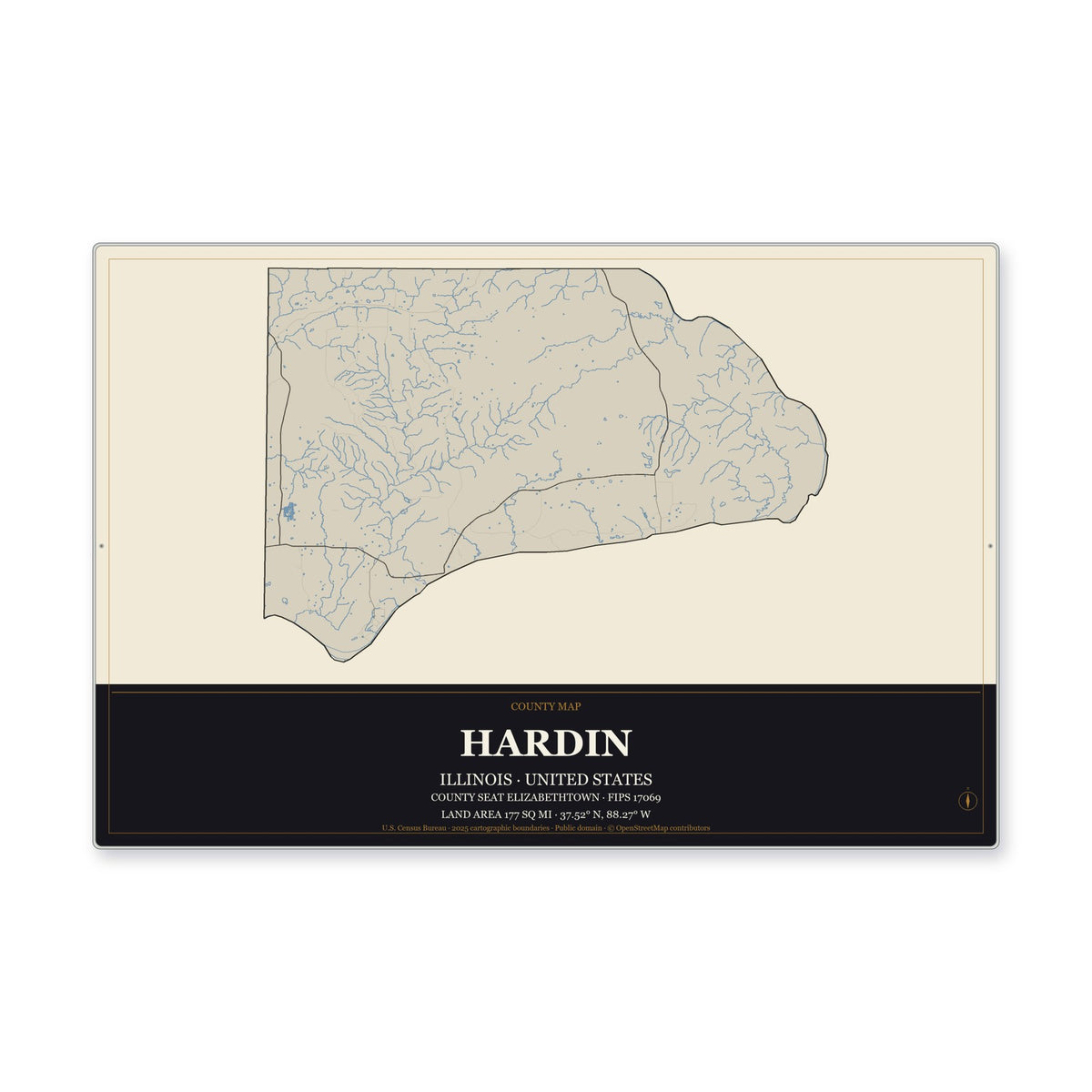 Hardin County, Illinois Map Aluminum Sign in Museum Plaque style