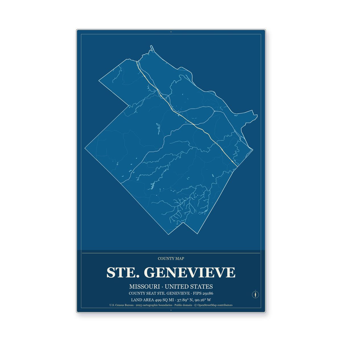 Ste. Genevieve County, Missouri Map Aluminum Sign in Harbor Cobalt style