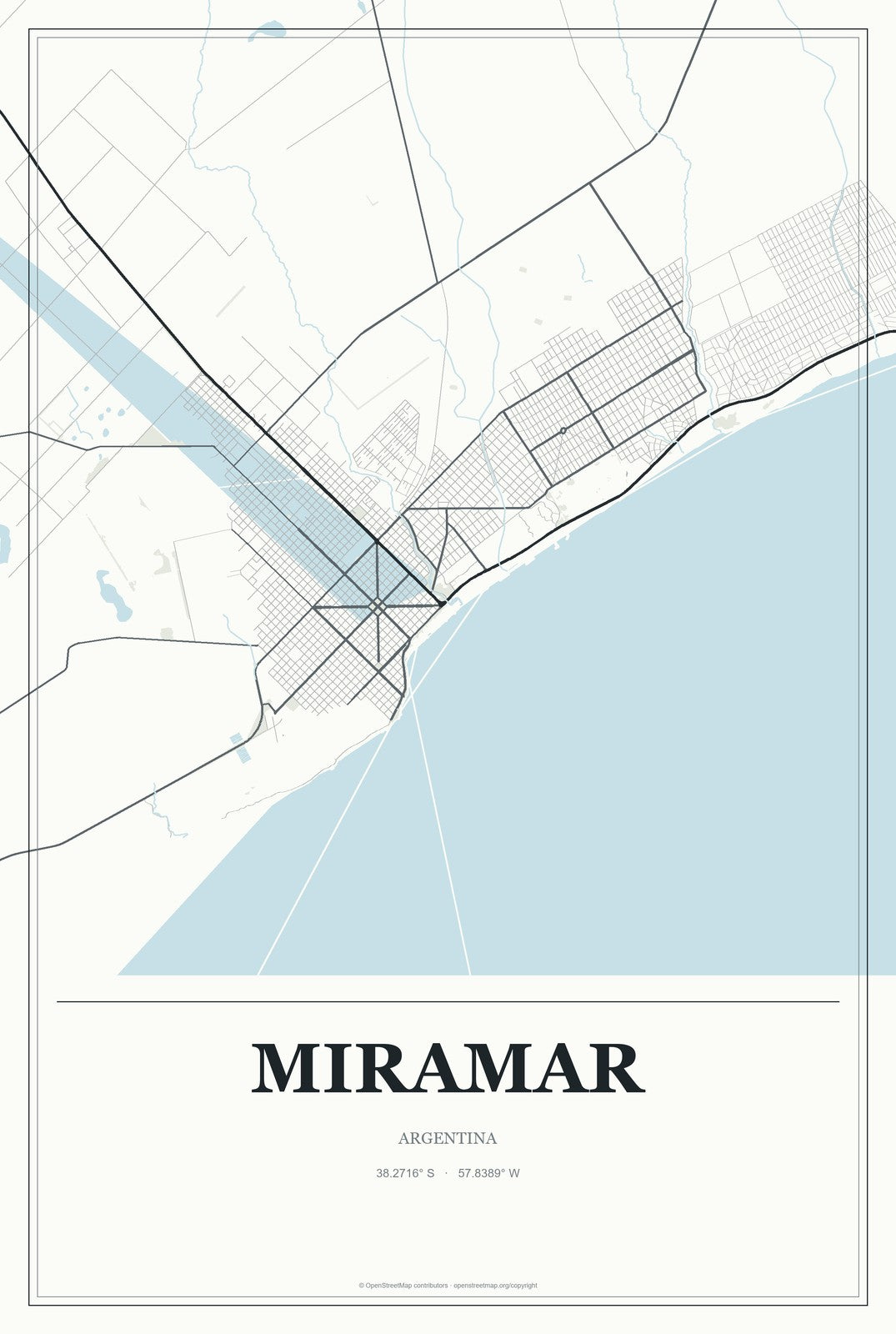 Miramar, Argentina City Map Aluminum Sign in Gallery Air style