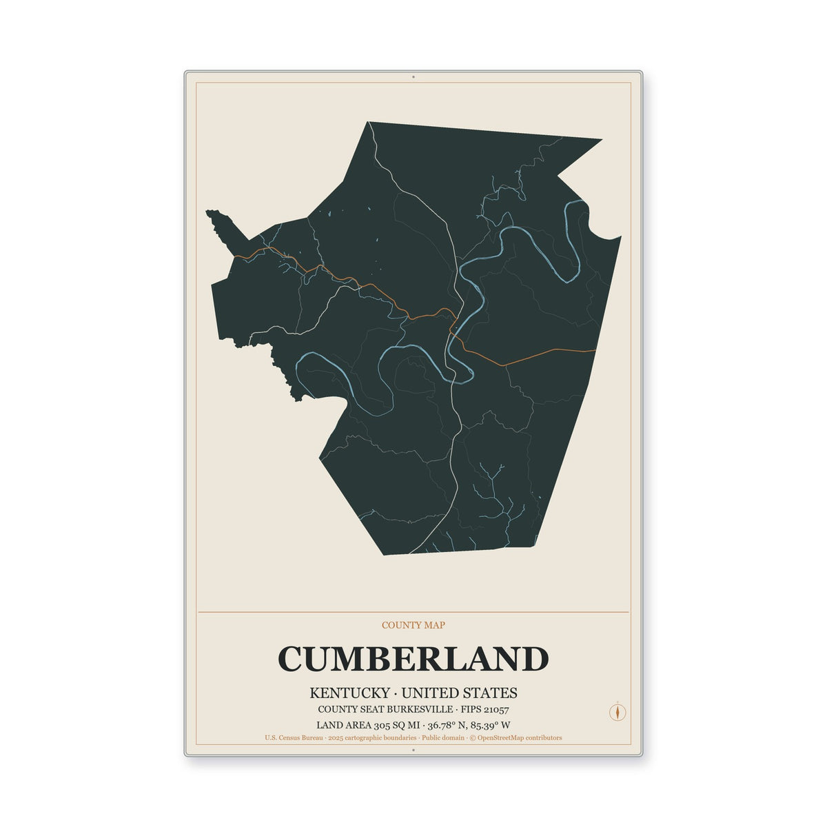 Cumberland County, Kentucky Map Aluminum Sign in Headline Atlas style