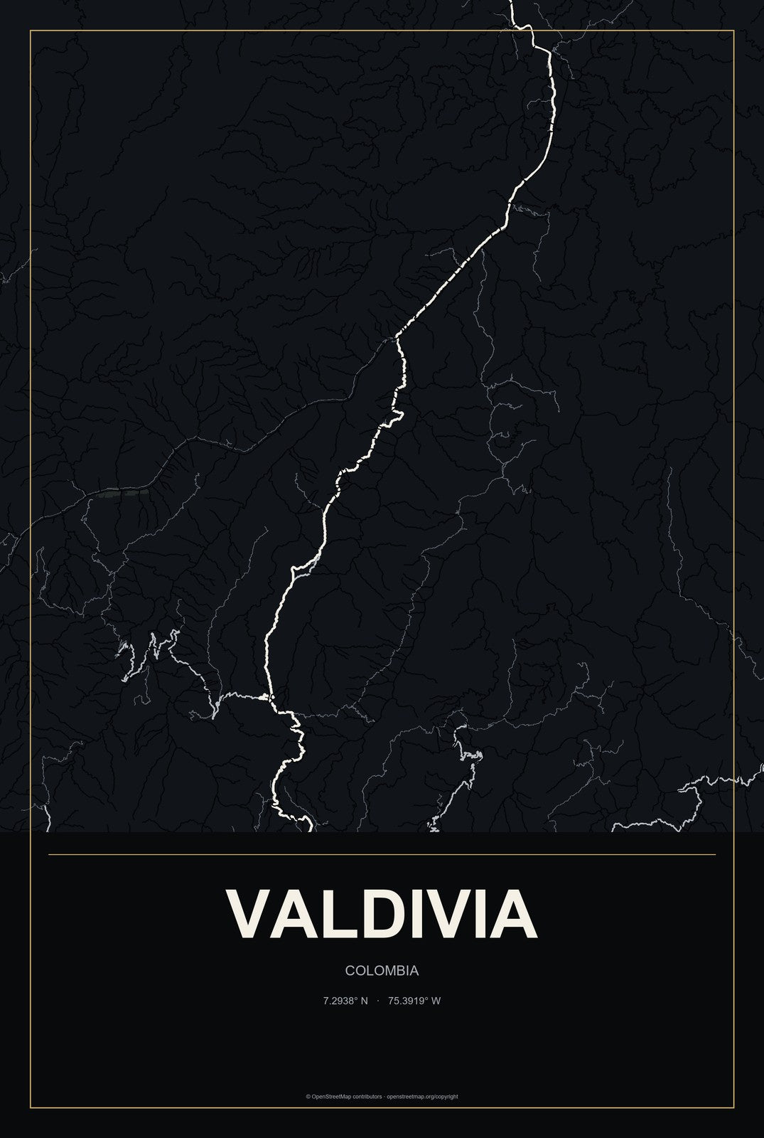 Valdivia, Colombia City Map Aluminum Sign in Metropolitan Noir style