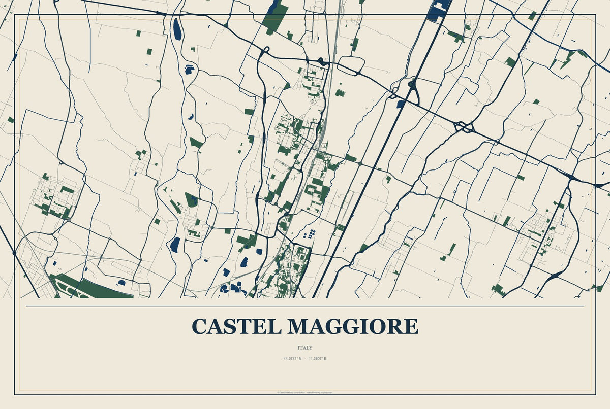 Castel Maggiore, Italy City Map Aluminum Sign in Coastal Cutout style