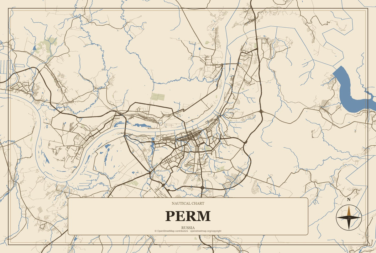 Perm, Russia City Map Aluminum Sign in Heritage Nautical style