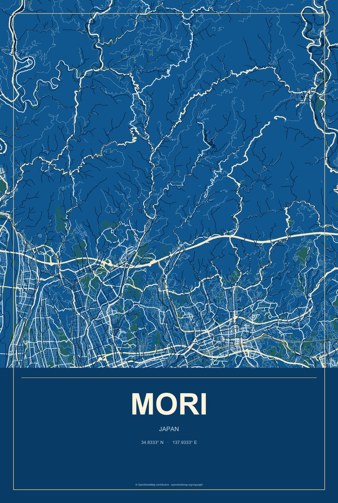 Mori, Japan City Map Aluminum Sign in Harbor Cobalt style
