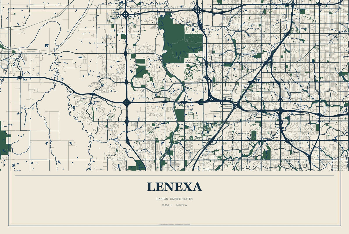 Lenexa, Kansas City Map Aluminum Sign in Coastal Cutout style