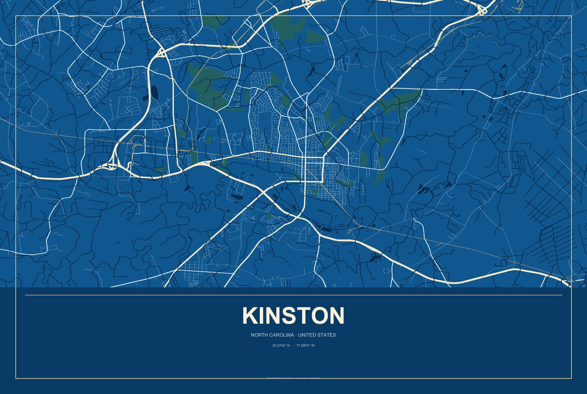 Kinston, North Carolina City Map Aluminum Sign in Harbor Cobalt style