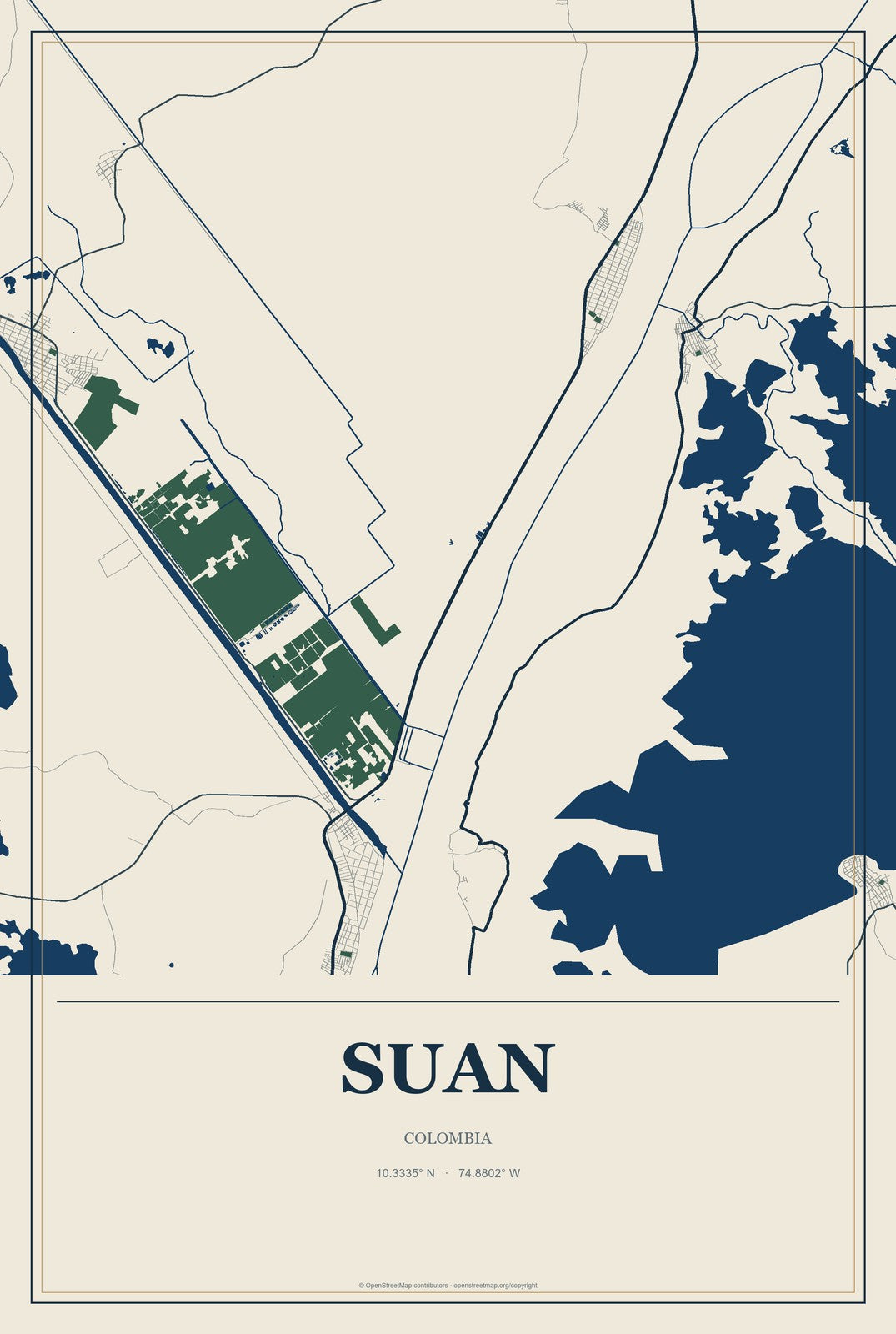 Suan, Colombia City Map Aluminum Sign in Coastal Cutout style