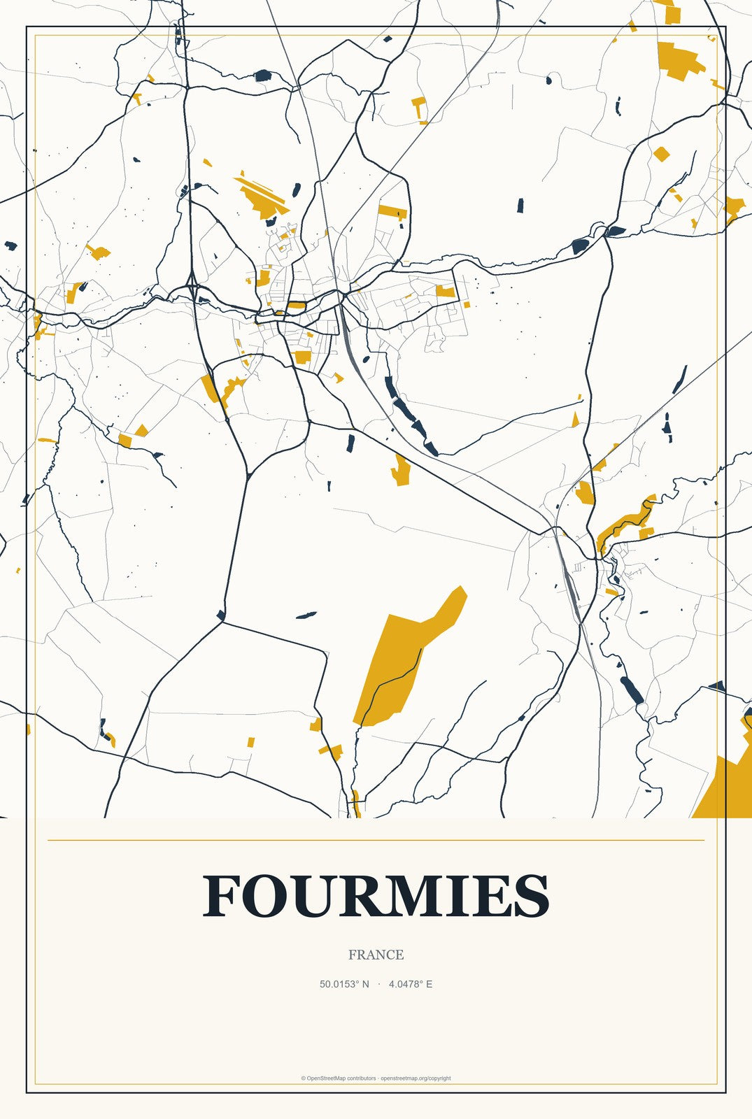 Fourmies, France City Map Aluminum Sign in Citrine Modern style