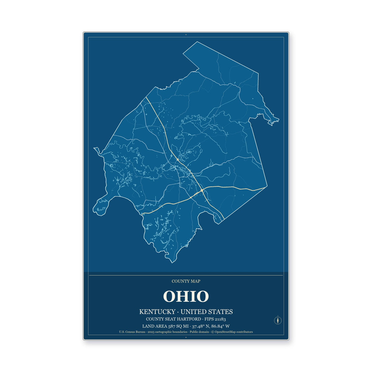 Ohio County, Kentucky Map Aluminum Sign in Harbor Cobalt style