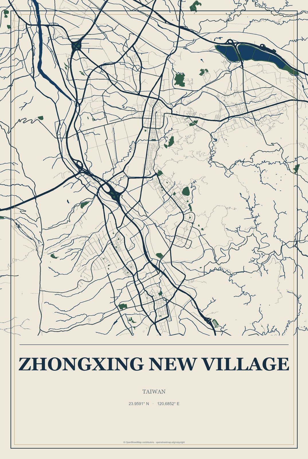 Zhongxing New Village, Taiwan City Map Aluminum Sign in Coastal Cutout style