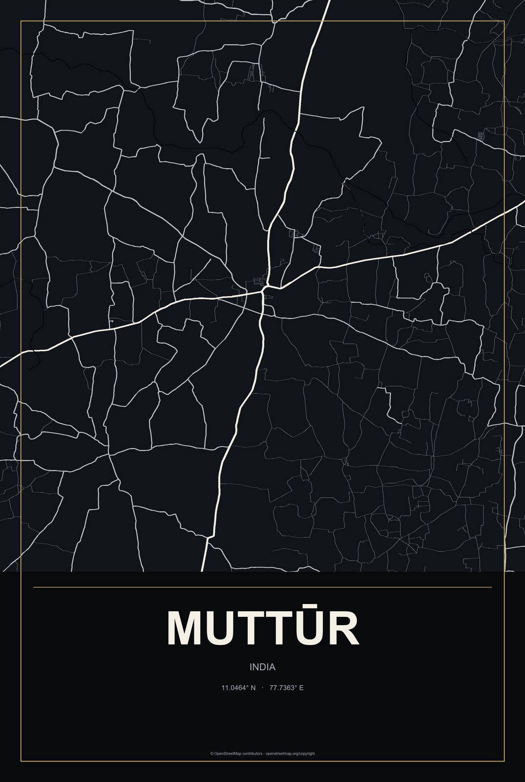 Muttūr, India City Map Aluminum Sign in Metropolitan Noir style