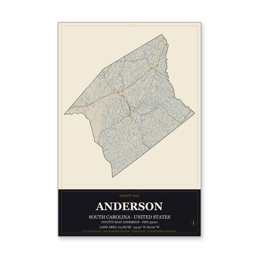 Anderson County, South Carolina Map Aluminum Sign in Museum Plaque style