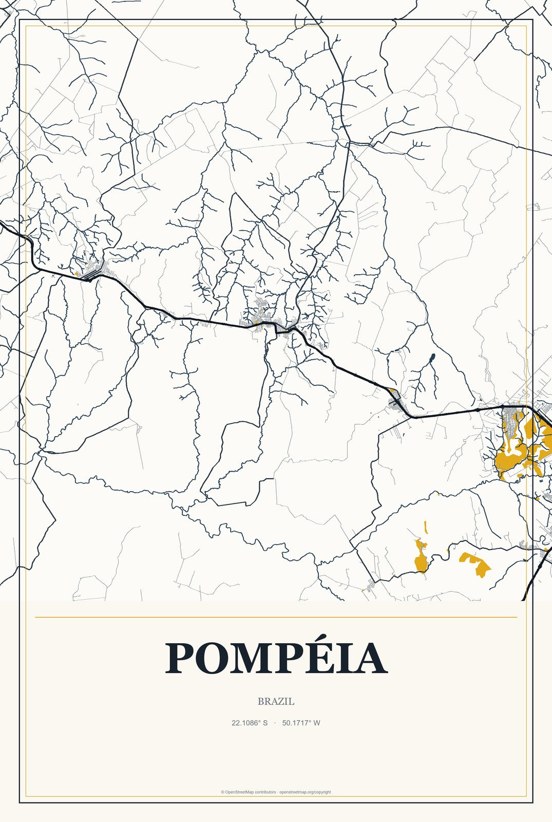 Pompéia, Brazil City Map Aluminum Sign in Citrine Modern style