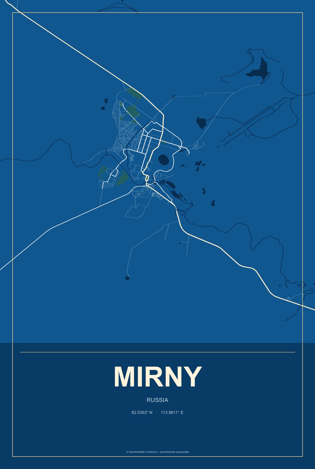 Mirny, Russia City Map Aluminum Sign in Harbor Cobalt style