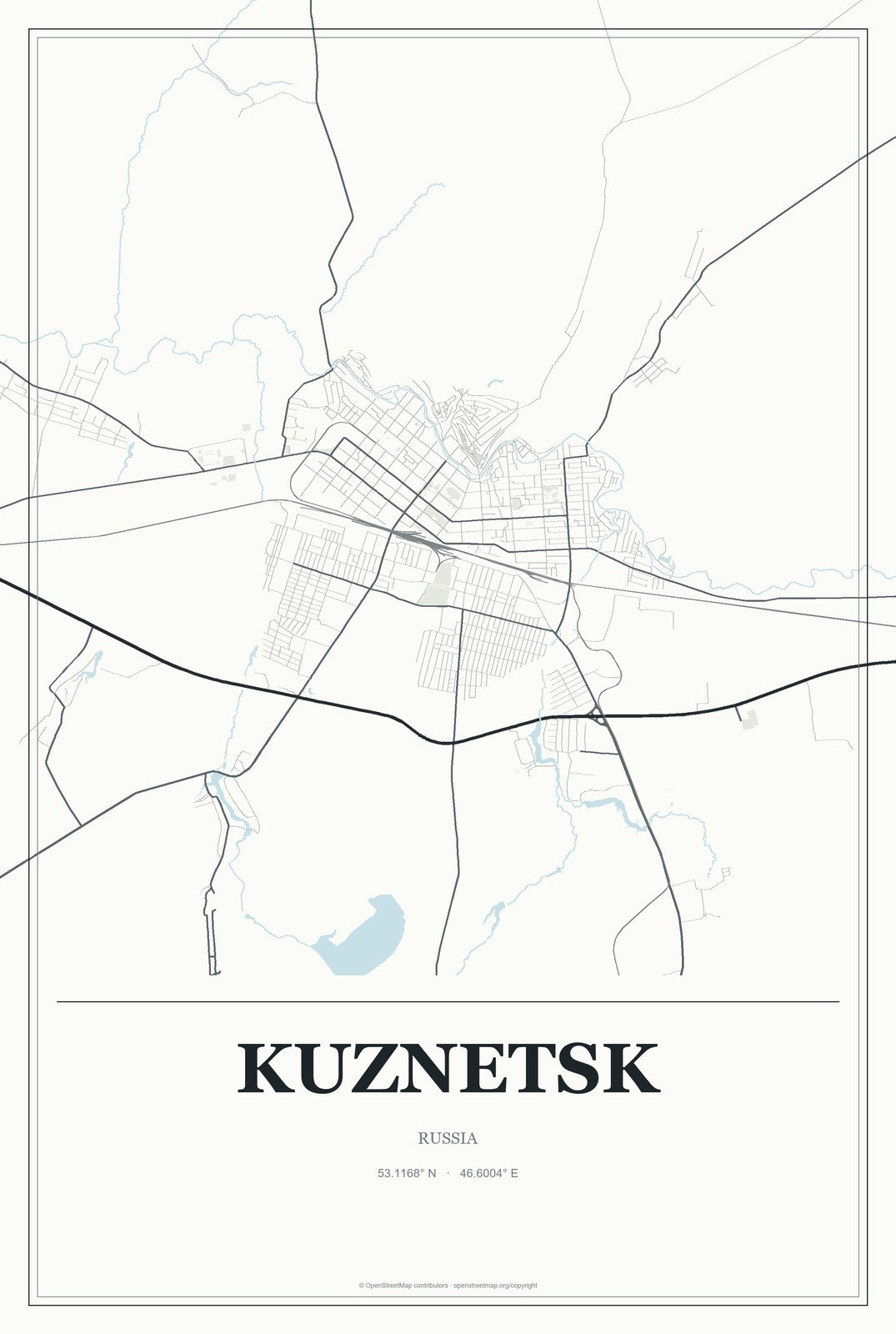 Kuznetsk, Russia City Map Aluminum Sign in Gallery Air style