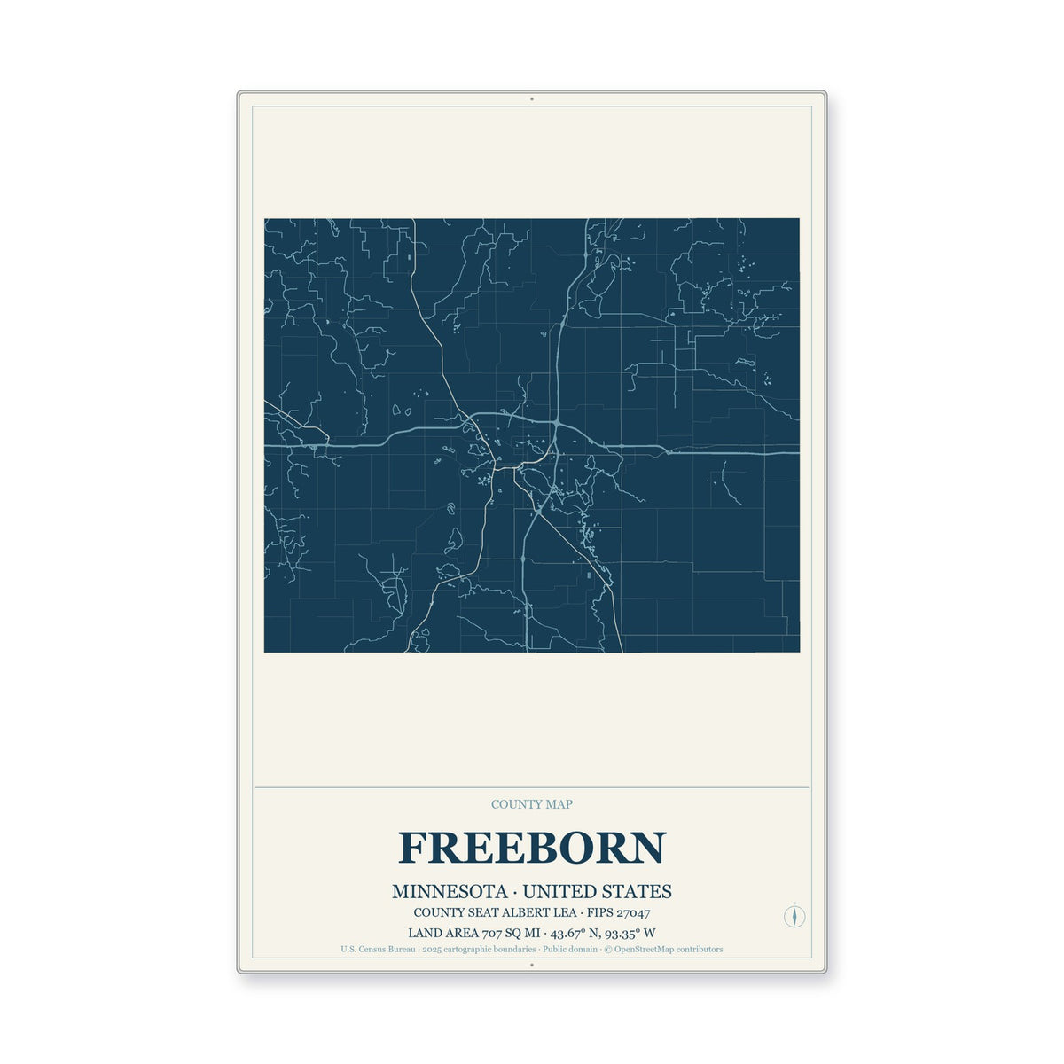Freeborn County, Minnesota Map Aluminum Sign in Coastal Cutout style