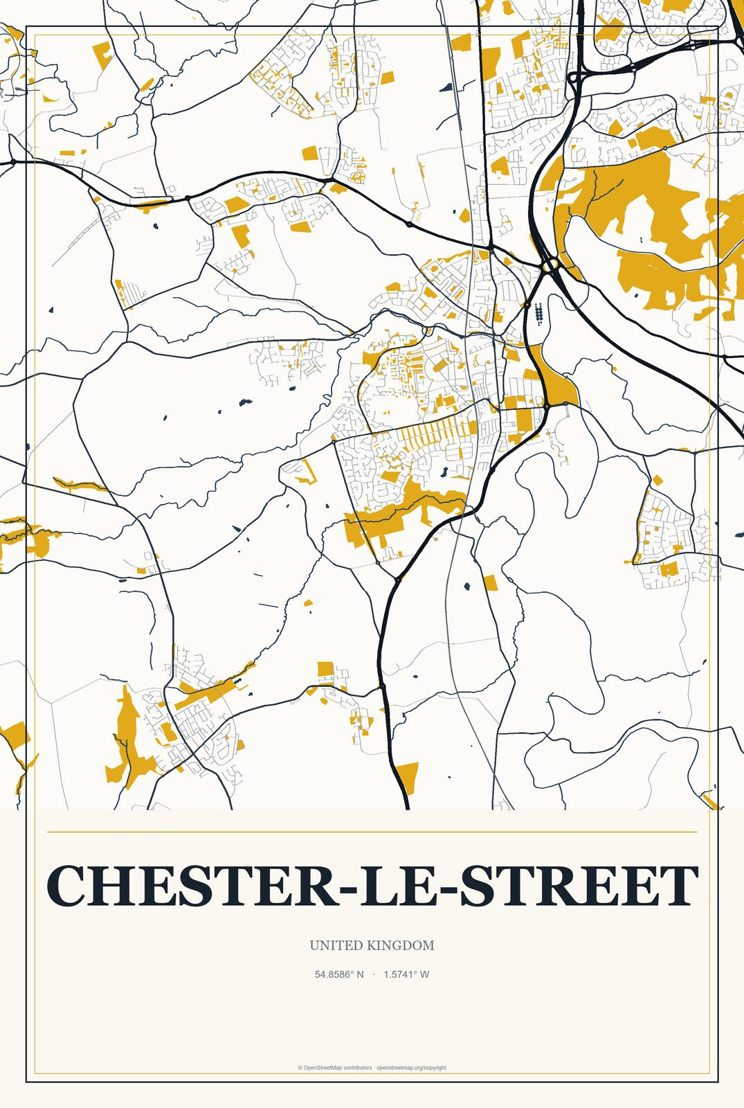 Chester-le-Street, United Kingdom City Map Aluminum Sign in Citrine Modern style