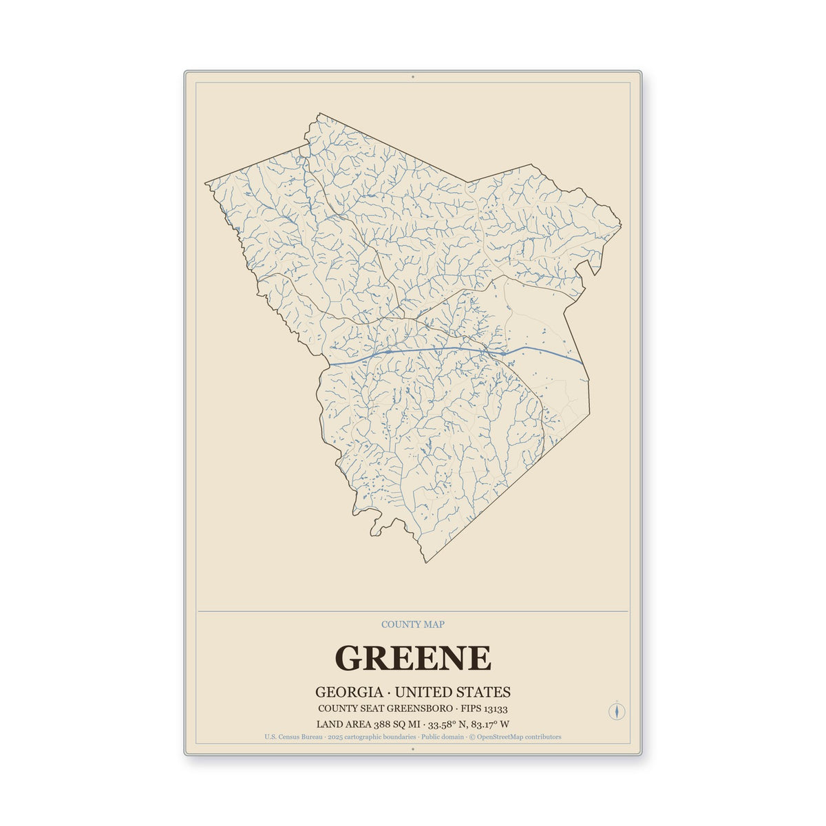 Greene County, Georgia Map Aluminum Sign in Heritage Nautical style