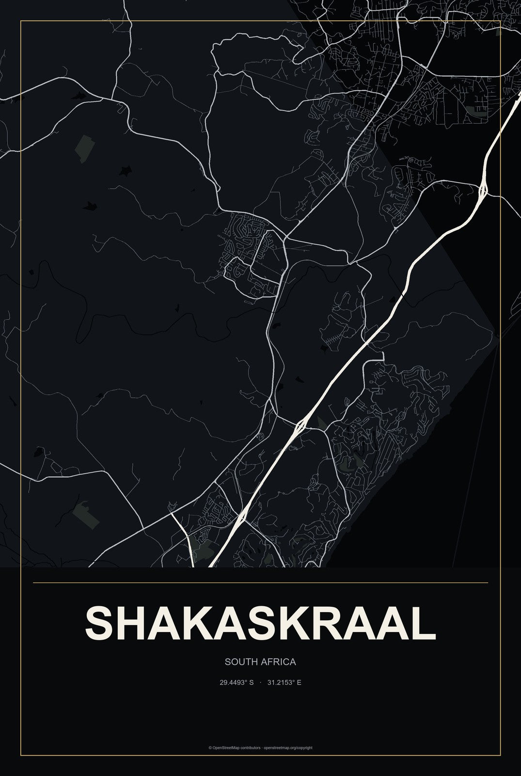 Shakaskraal, South Africa City Map Aluminum Sign in Metropolitan Noir style