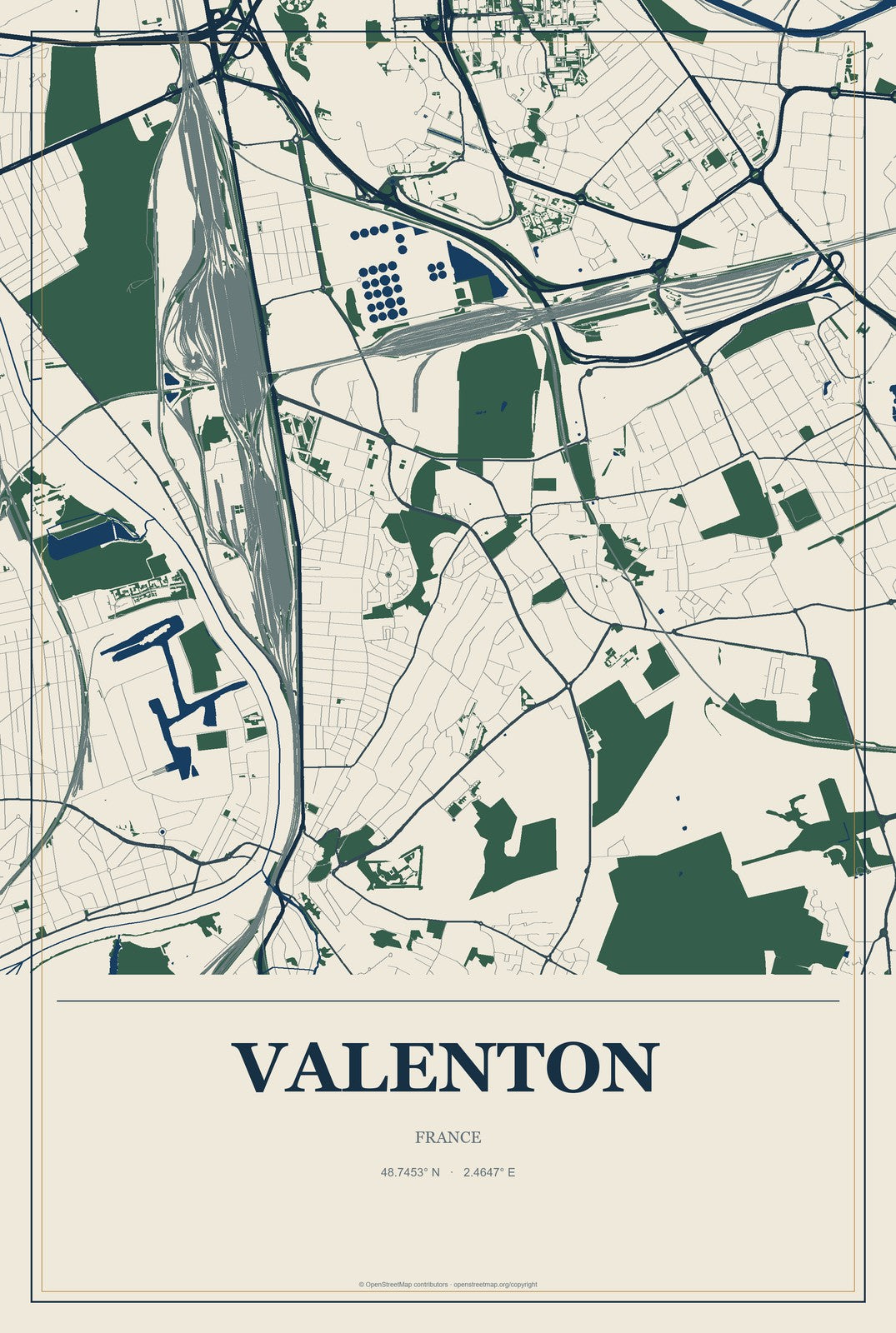 Valenton, France City Map Aluminum Sign in Coastal Cutout style