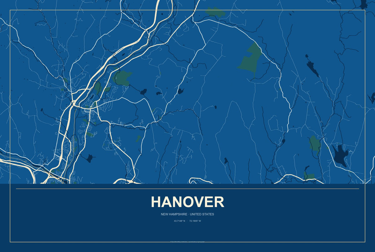 Hanover, New Hampshire City Map Aluminum Sign in Harbor Cobalt style