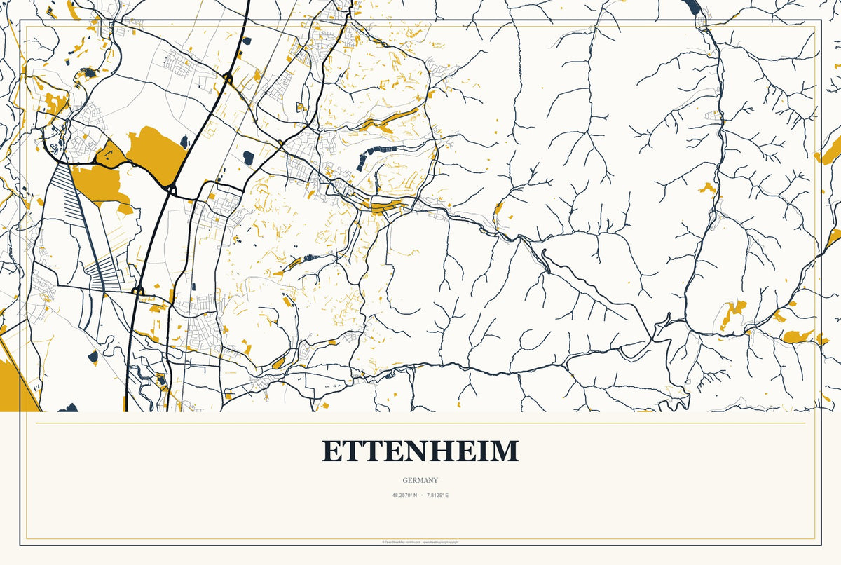 Ettenheim, Germany City Map Aluminum Sign in Citrine Modern style