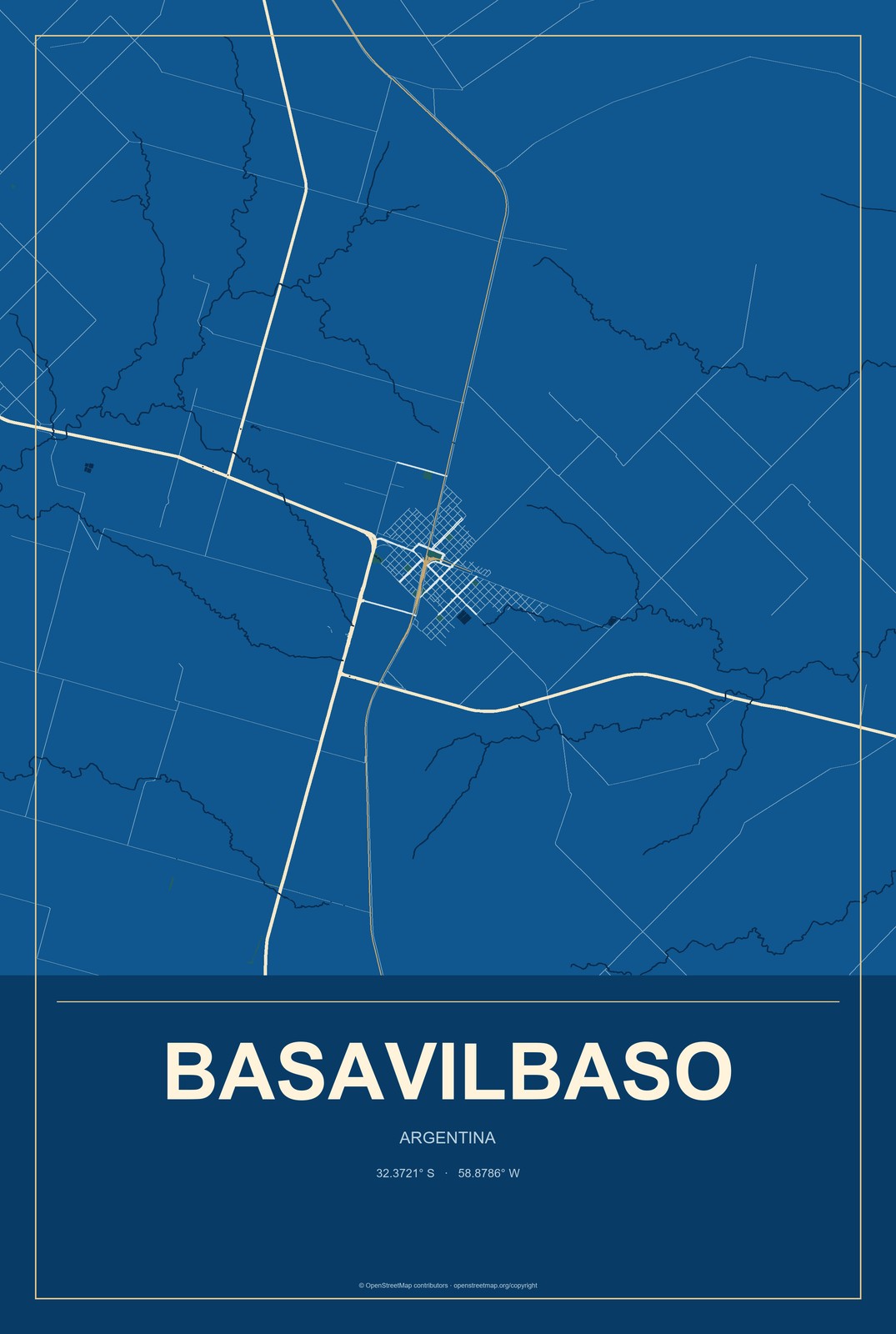 Basavilbaso, Argentina City Map Aluminum Sign in Harbor Cobalt style
