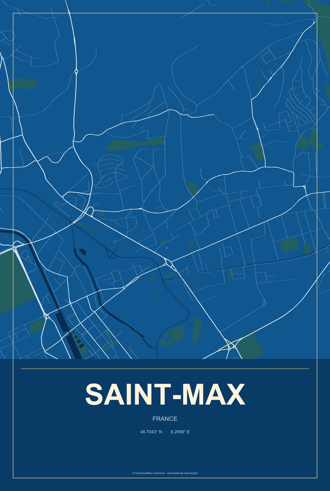 Saint-Max, France City Map Aluminum Sign in Harbor Cobalt style