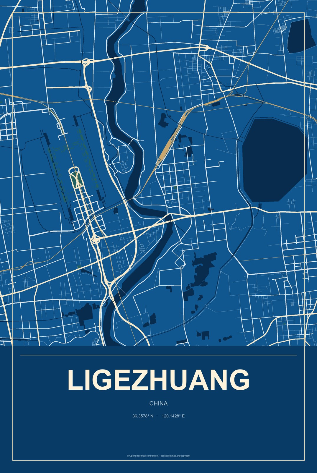 Ligezhuang, China City Map Aluminum Sign in Harbor Cobalt style