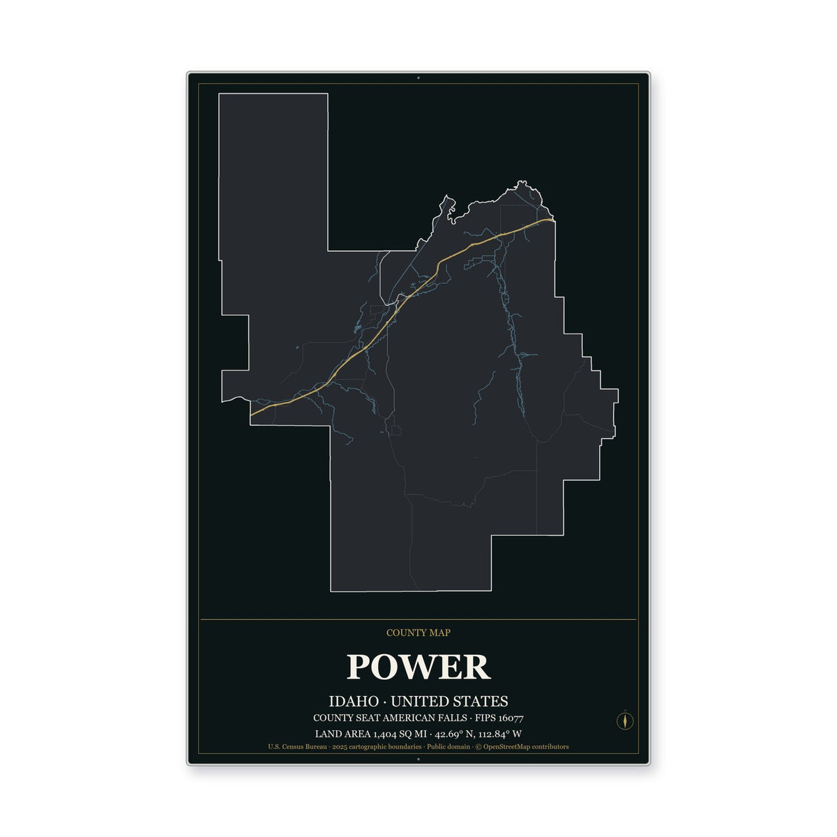 Power County, Idaho Map Aluminum Sign in Metropolitan Noir style