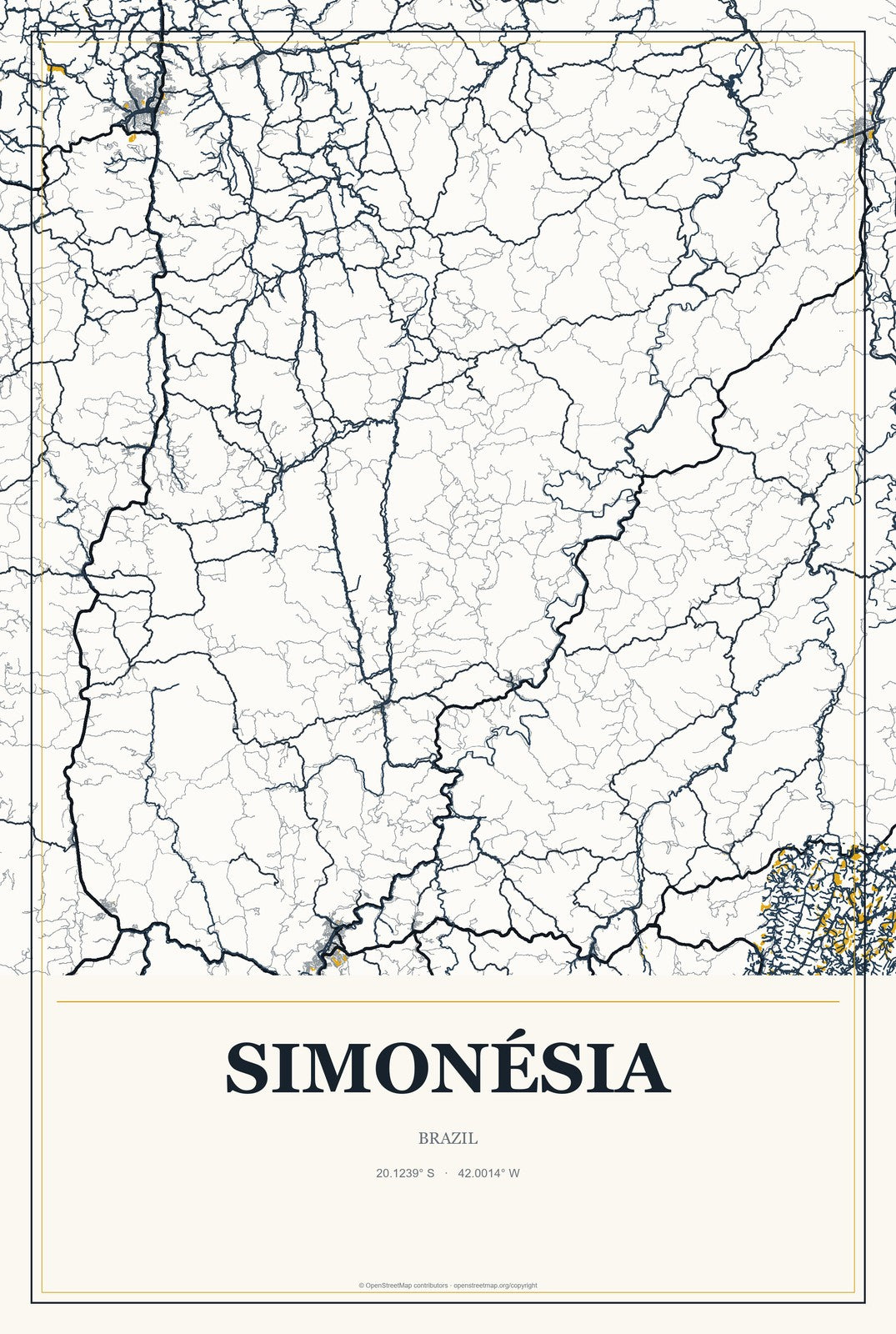 Simonésia, Brazil City Map Aluminum Sign in Citrine Modern style