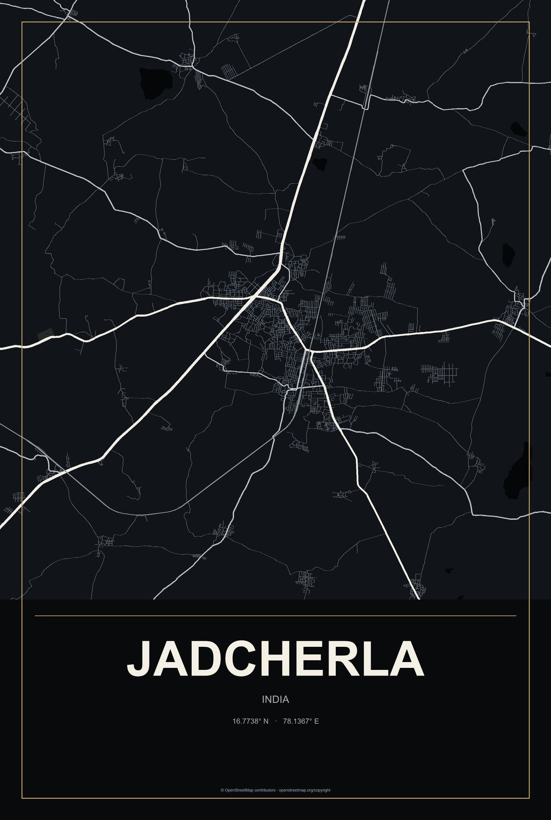 Jadcherla, India City Map Aluminum Sign in Metropolitan Noir style