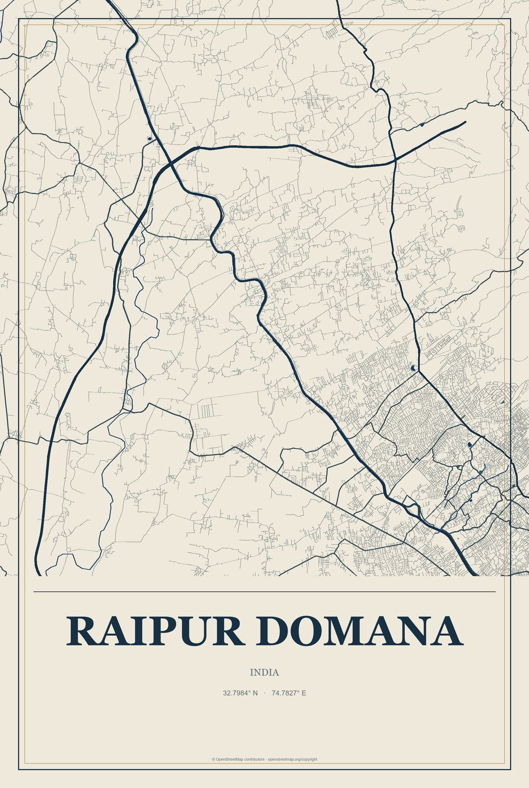 Raipur Domana, India City Map Aluminum Sign in Coastal Cutout style