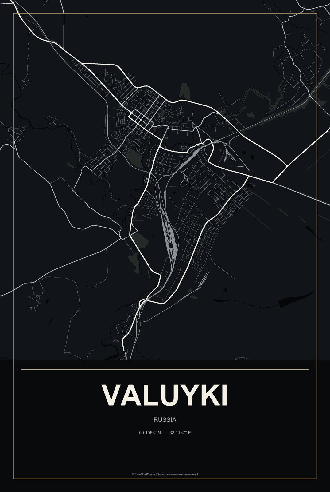 Valuyki, Russia City Map Aluminum Sign in Metropolitan Noir style