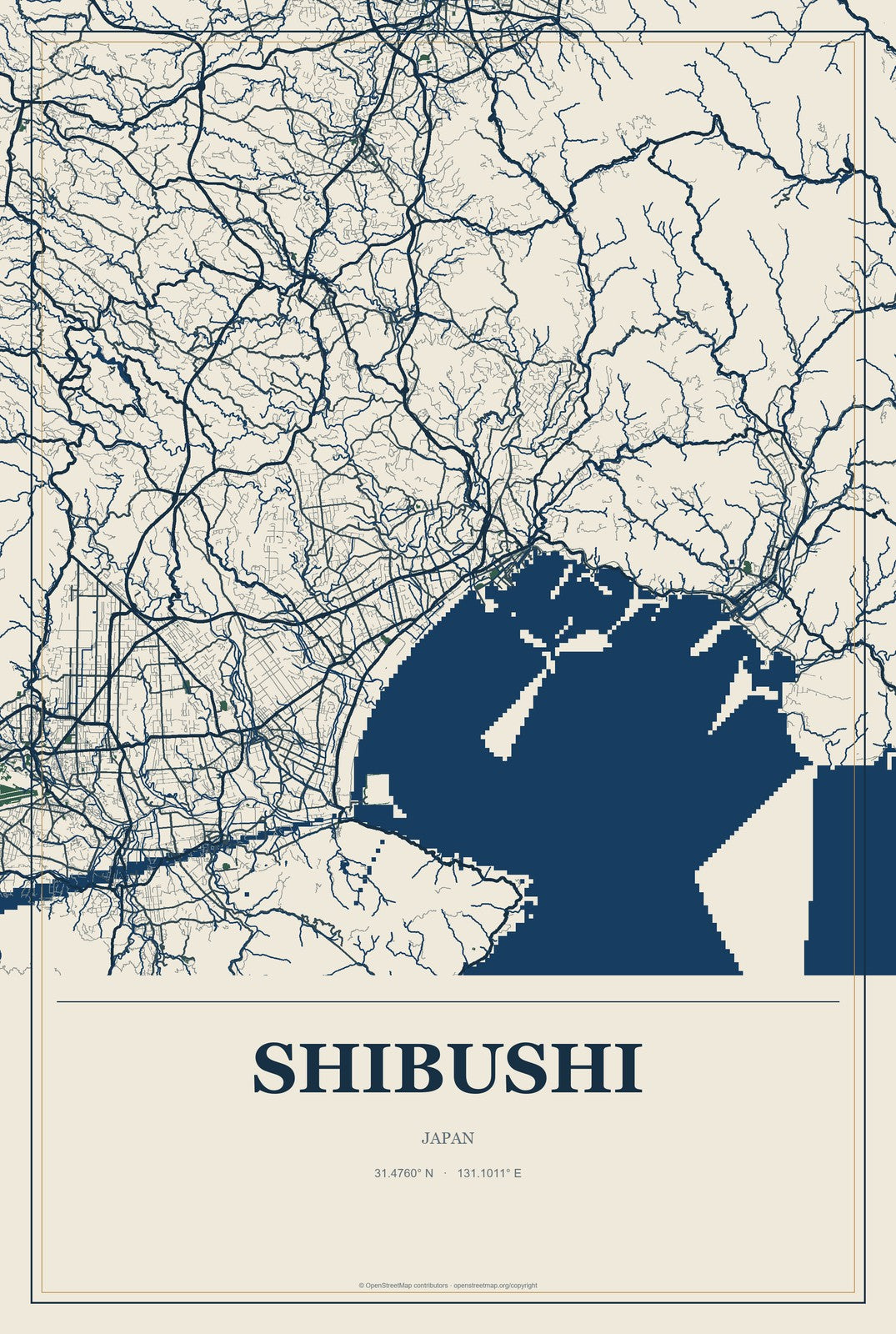 Shibushi, Japan City Map Aluminum Sign in Coastal Cutout style