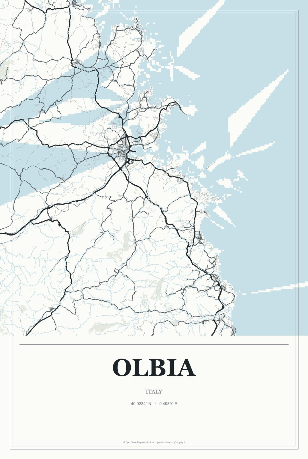 Olbia, Italy City Map Aluminum Sign in Gallery Air style