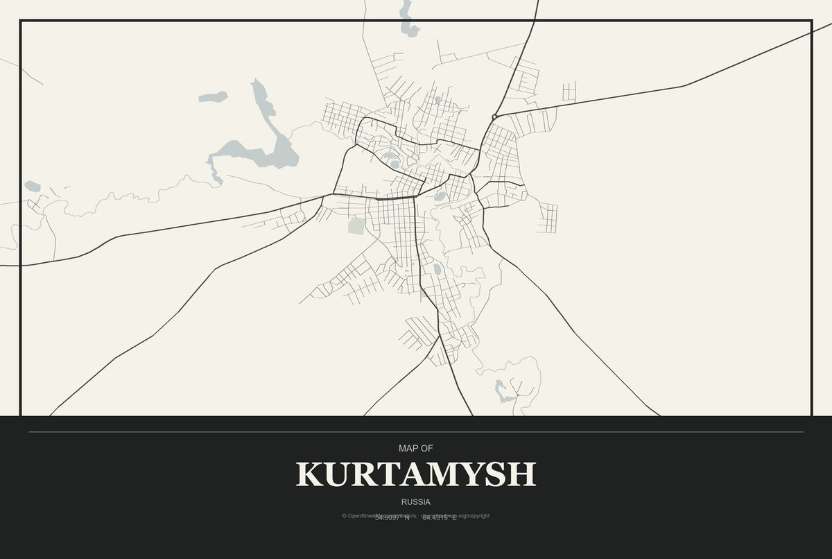 Kurtamysh, Russia City Map Aluminum Sign in Museum Plaque style