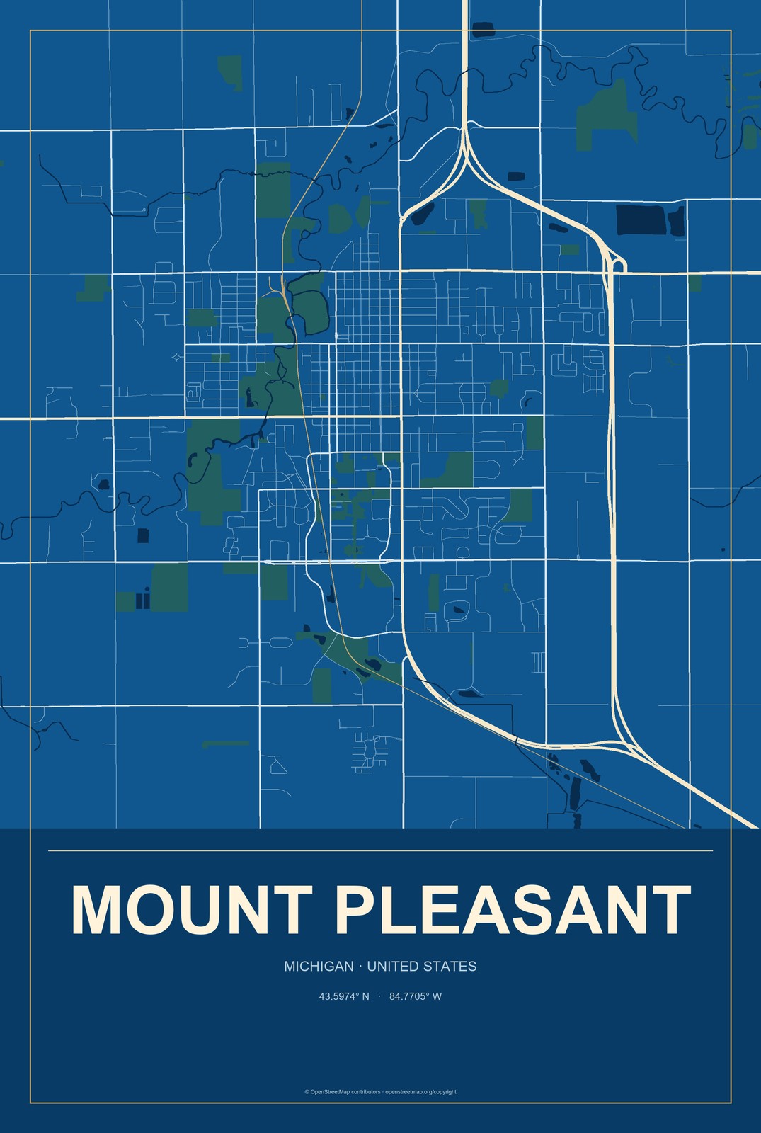 Mount Pleasant, Michigan City Map Aluminum Sign in Harbor Cobalt style