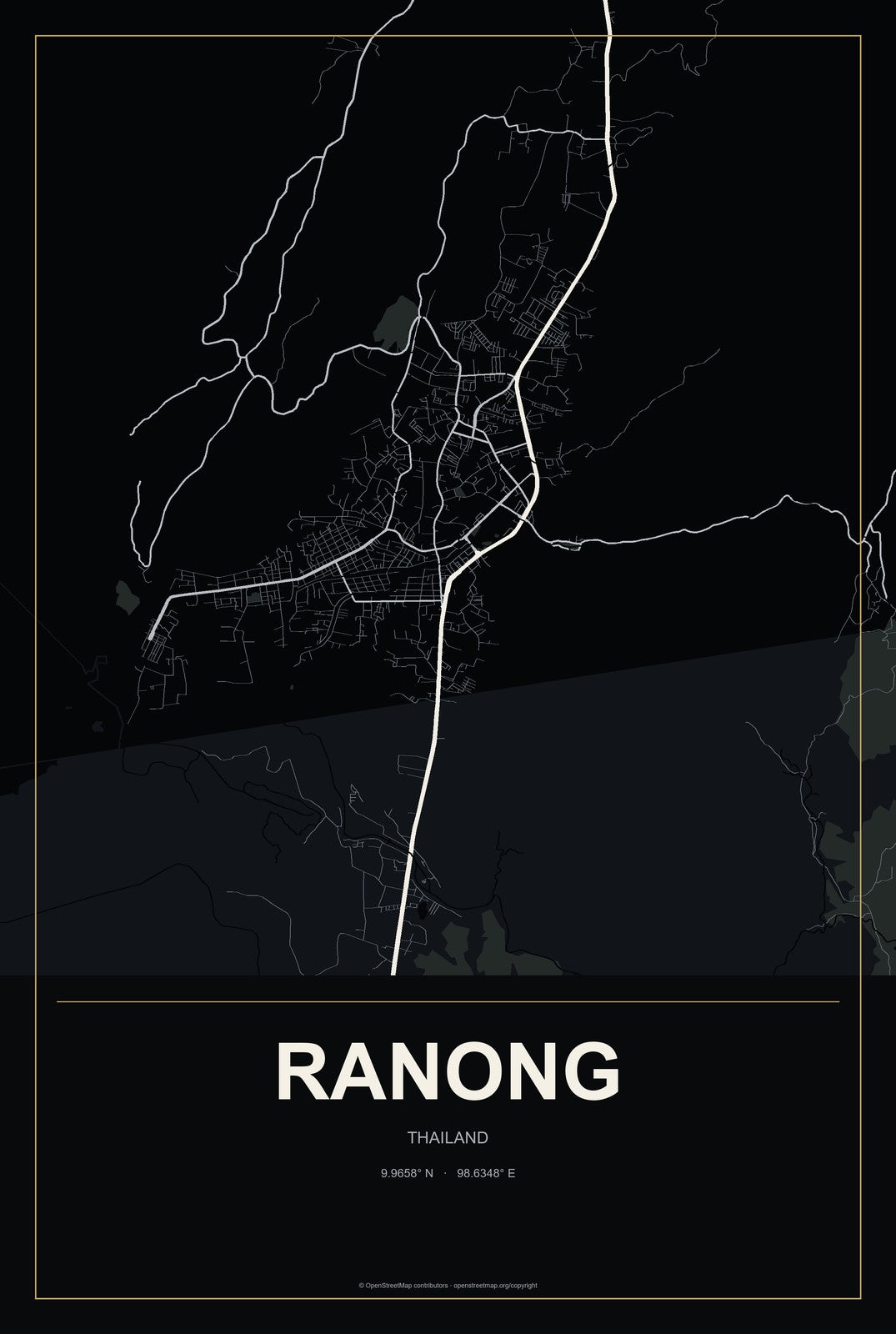 Ranong, Thailand City Map Aluminum Sign in Metropolitan Noir style