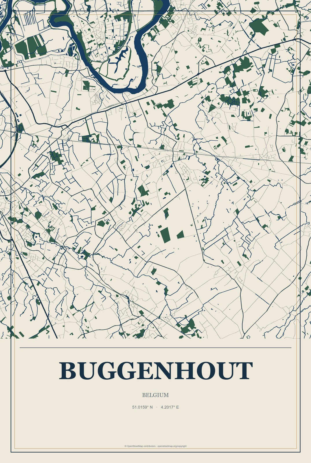 Buggenhout, Belgium City Map Aluminum Sign in Coastal Cutout style