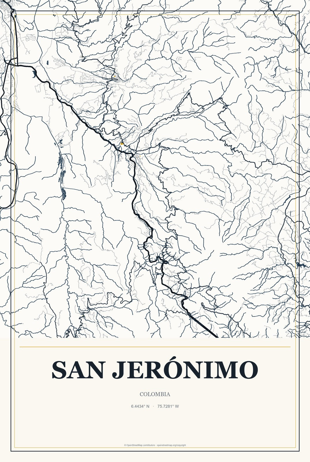 San Jerónimo, Colombia City Map Aluminum Sign in Citrine Modern style