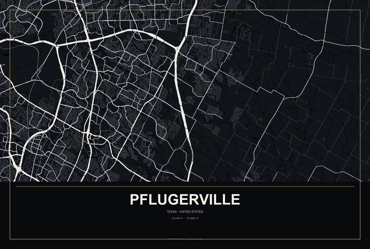Pflugerville, Texas City Map Aluminum Sign in Metropolitan Noir style