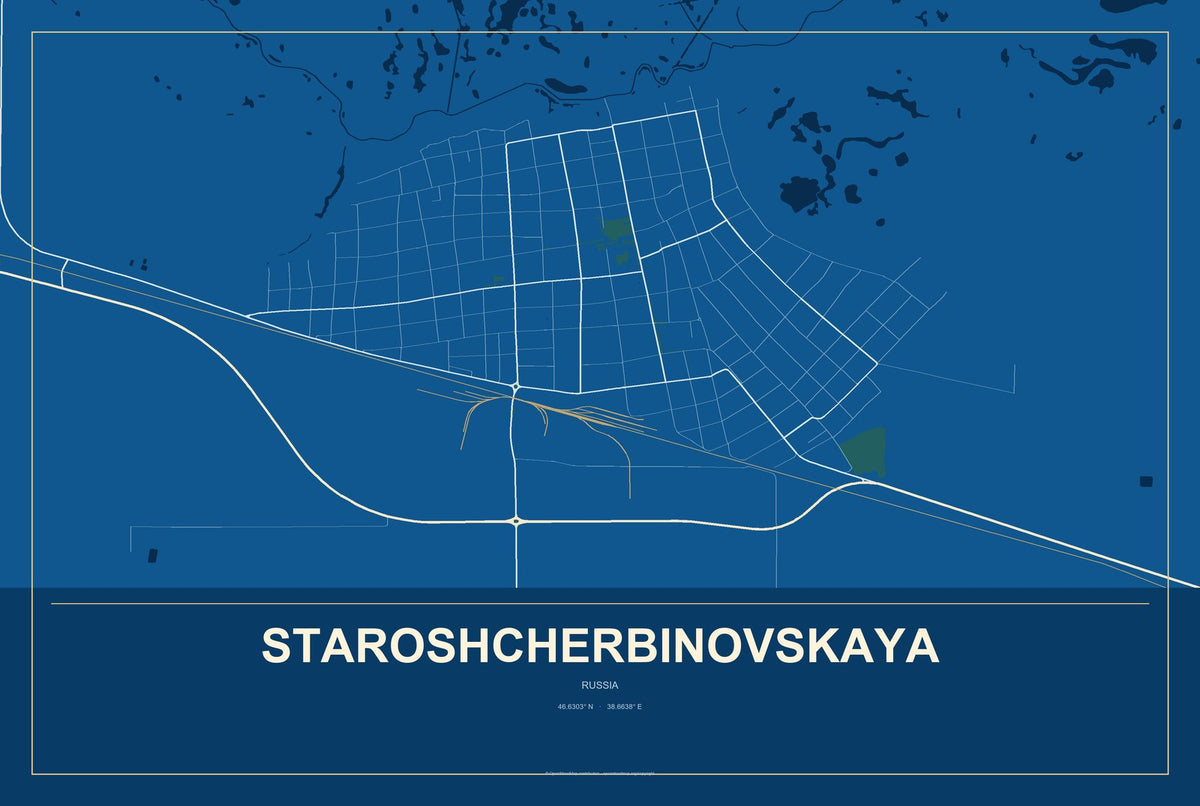 Staroshcherbinovskaya, Russia City Map Aluminum Sign in Harbor Cobalt style