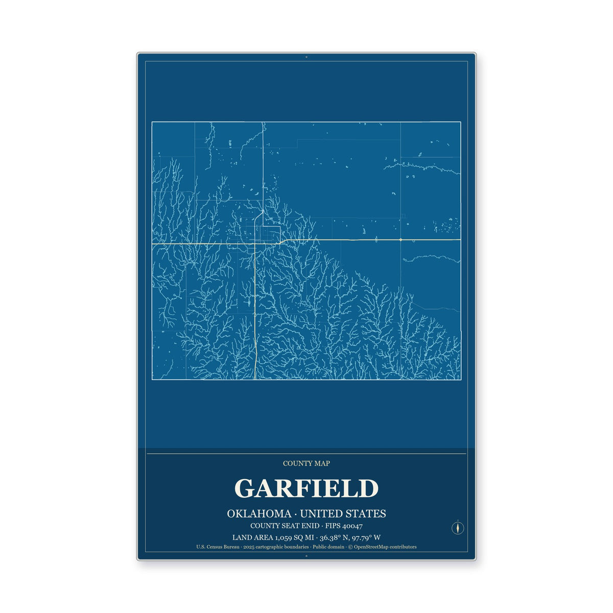 Garfield County, Oklahoma Map Aluminum Sign in Harbor Cobalt style