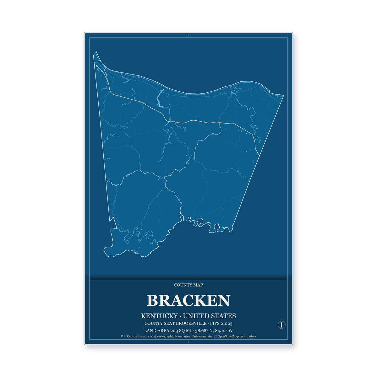 Bracken County, Kentucky Map Aluminum Sign in Harbor Cobalt style