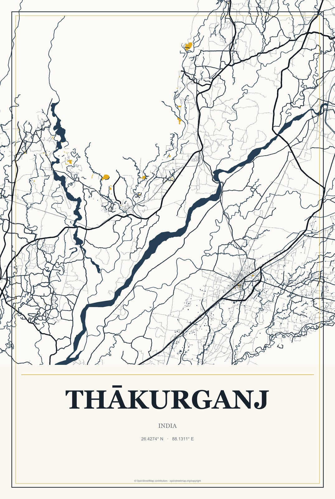 Thākurganj, India City Map Aluminum Sign in Citrine Modern style