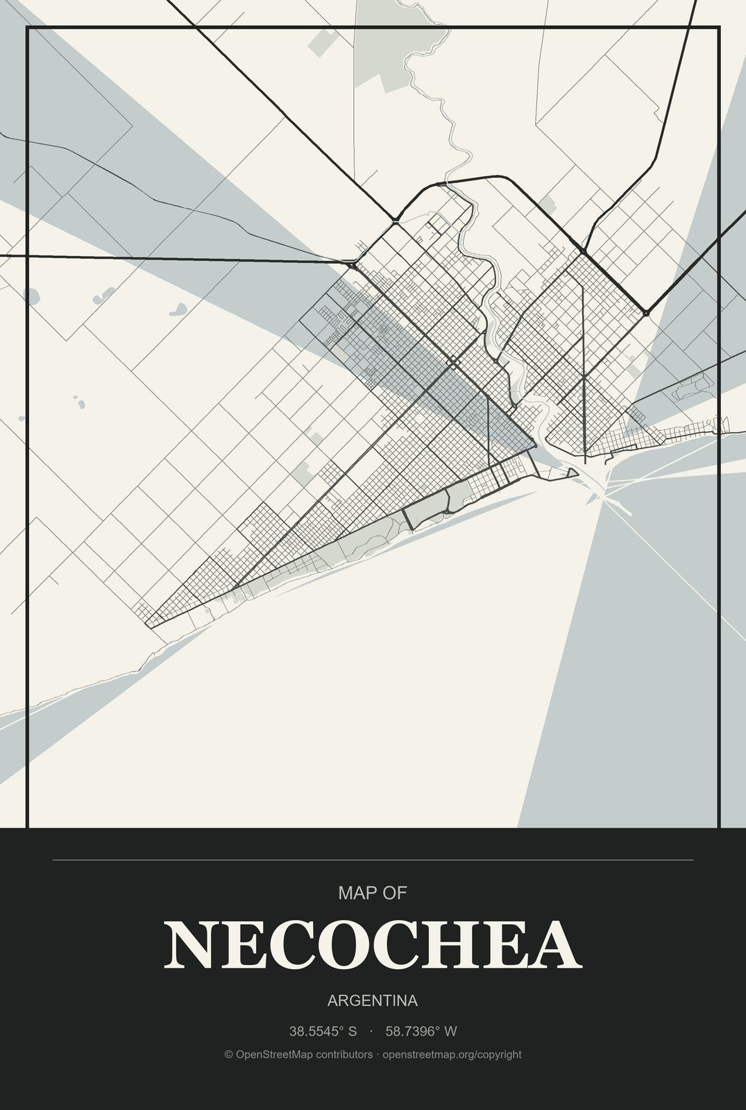 Necochea, Argentina City Map Aluminum Sign in Museum Plaque style