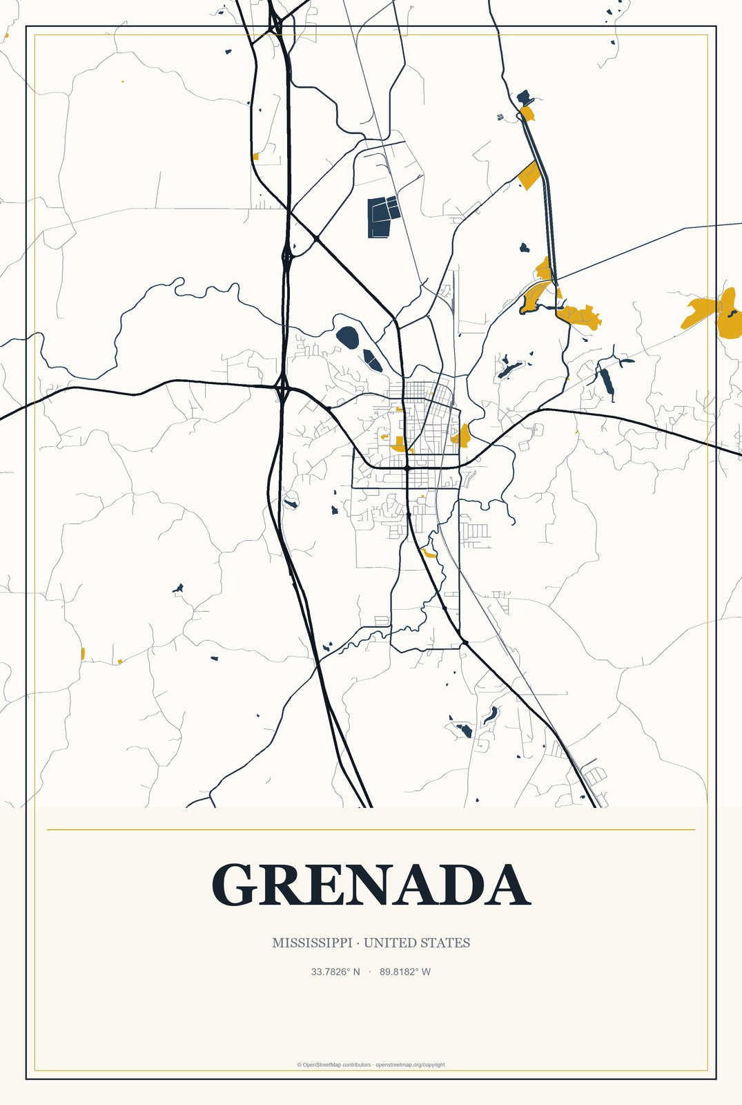Grenada, Mississippi City Map Aluminum Sign in Citrine Modern style